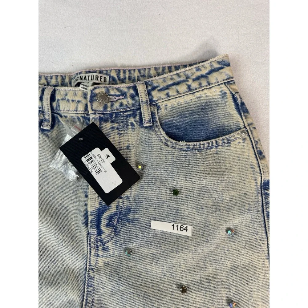 Signature 8 Womens Rhinestone Distressed Jeans Acid Wash Denim Size Small NWT